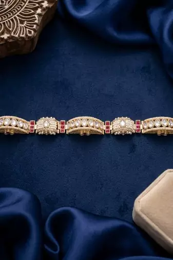 gold kundan pearl bracelet, ruby red stone indian bridal kada
