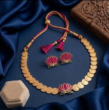 gold plated south indian temple coin necklace set with lotus meenakari pendant & earrings 1