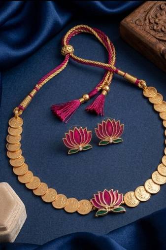gold plated south indian temple coin necklace set with lotus meenakari pendant & earrings