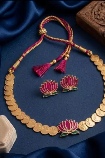 gold plated south indian temple coin necklace set with lotus meenakari pendant & earrings