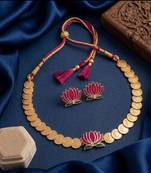 gold plated south indian temple coin necklace set with lotus meenakari pendant & earrings