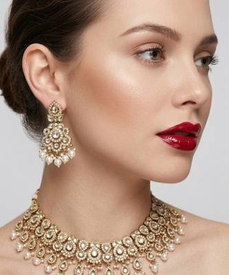 Gold plated kundan choker necklace set with pearl drops | 1