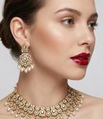 Gold plated kundan choker necklace set with pearl drops |