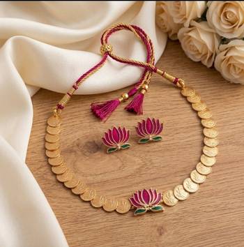 gold plated south indian temple coin necklace set with lotus meenakari pendant & earrings 2