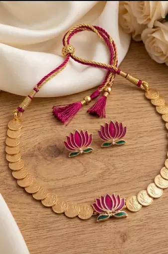 gold plated south indian temple coin necklace set with lotus meenakari pendant & earrings