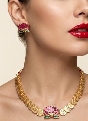 gold plated south indian temple coin necklace set with lotus meenakari pendant & earrings 3