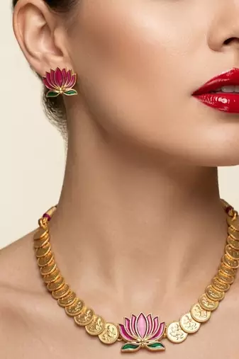 gold plated south indian temple coin necklace set with lotus meenakari pendant & earrings