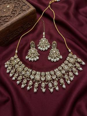 Gold plated kundan choker necklace set with pearl drops | 2