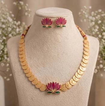 gold plated south indian temple coin necklace set with lotus meenakari pendant & earrings 4