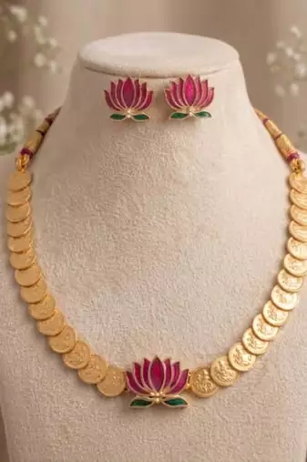 gold plated south indian temple coin necklace set with lotus meenakari pendant & earrings