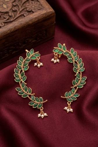 gold plated green leaf ear cuffs, traditional indian bollywood bridal 