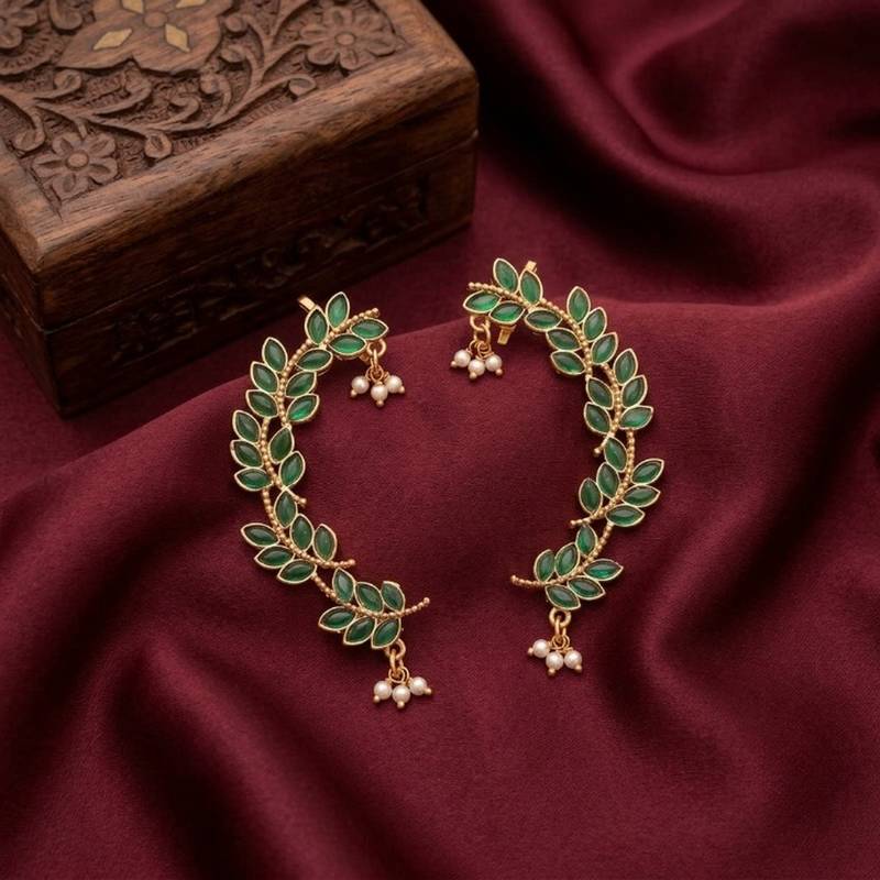 gold plated green leaf ear cuffs, traditional indian bollywood bridal 