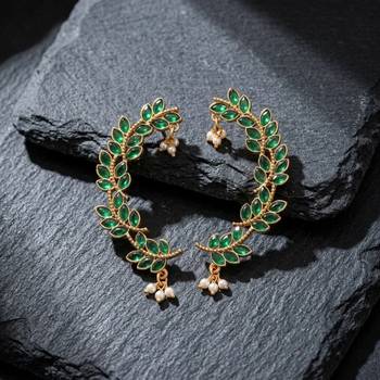 gold plated green leaf ear cuffs, traditional indian bollywood bridal  2