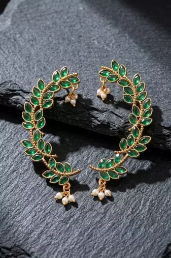 gold plated green leaf ear cuffs, traditional indian bollywood bridal 