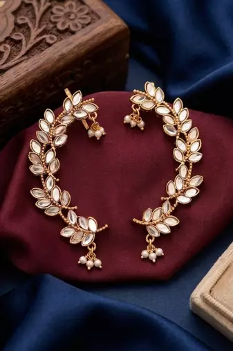 gold plated silver leaf ear cuffs, traditional indian bollywood bridal
