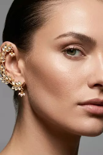 gold plated silver leaf ear cuffs, traditional indian bollywood bridal