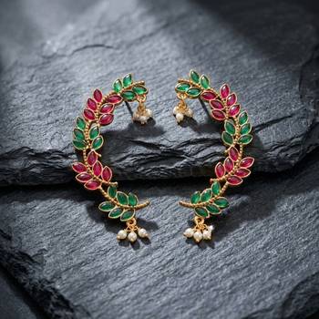 gold plated multicolor leaf ear cuffs, traditional indian bollywood bridal 1