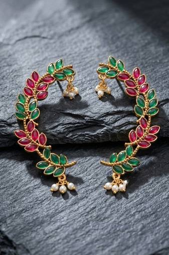 gold plated multicolor leaf ear cuffs, traditional indian bollywood bridal
