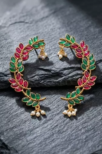 gold plated multicolor leaf ear cuffs, traditional indian bollywood bridal