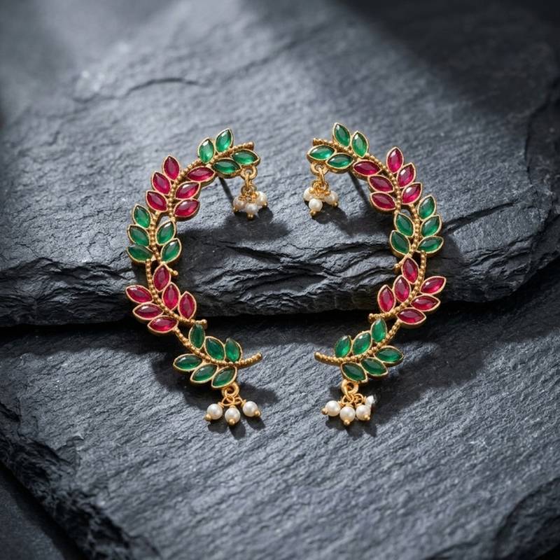 gold plated multicolor leaf ear cuffs, traditional indian bollywood bridal