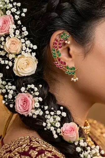 gold plated multicolor leaf ear cuffs, traditional indian bollywood bridal