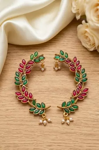 gold plated multicolor leaf ear cuffs, traditional indian bollywood bridal