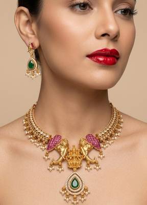 antique gold temple jewelry set with  elephant kundan & mint green beads 1