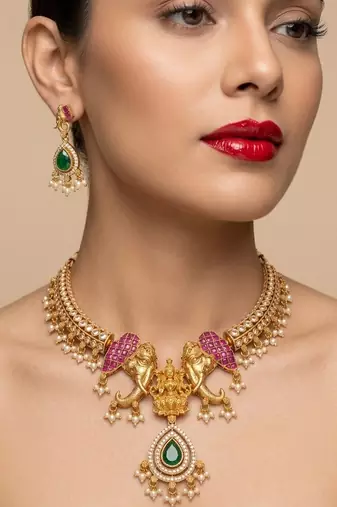 antique gold temple jewelry set with  elephant kundan & mint green beads