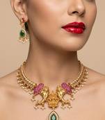 antique gold temple jewelry set with  elephant kundan & mint green beads