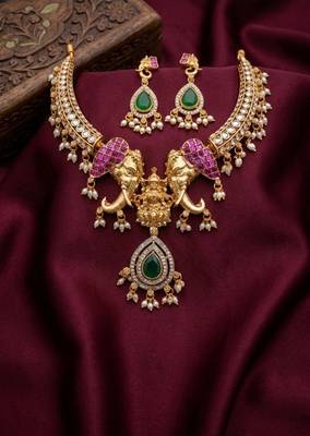 antique gold temple jewelry set with  elephant kundan & mint green beads 2