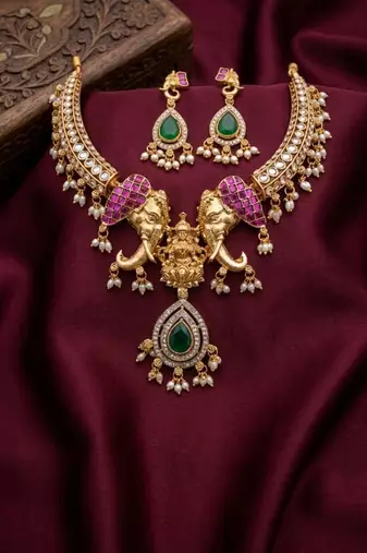 antique gold temple jewelry set with  elephant kundan & mint green beads