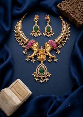 antique gold temple jewelry set with  elephant kundan & mint green beads 3