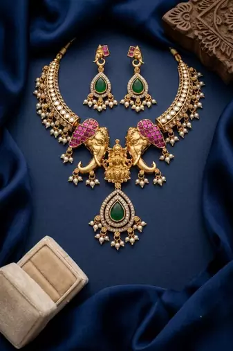 antique gold temple jewelry set with  elephant kundan & mint green beads