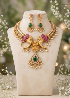 antique gold temple jewelry set with  elephant kundan & mint green beads 4