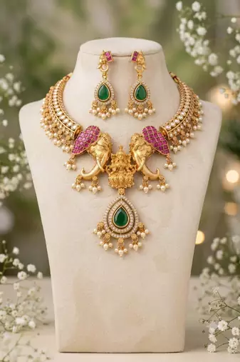 antique gold temple jewelry set with  elephant kundan & mint green beads