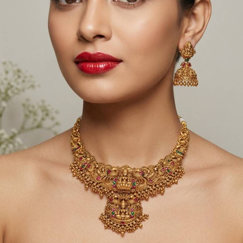south indian temple jewelry antique gold plated necklace set