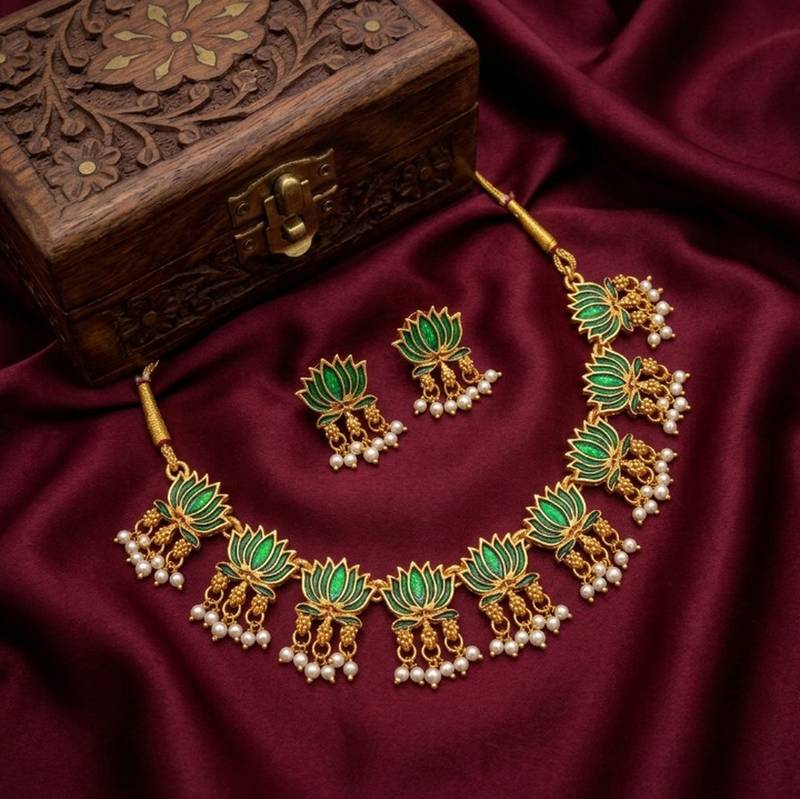 women's traditional handcrafted gold-plated lotus kundan jewellery set