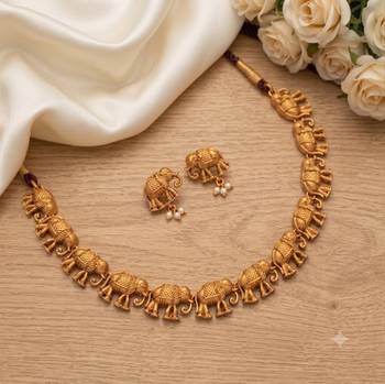 gold temple elephant necklace set with matching stud earrings 2