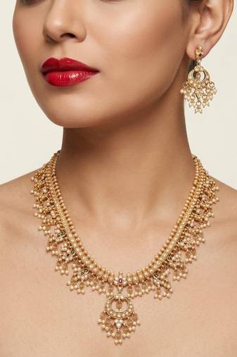 gold plated kundan & pearl choker necklace set with earrings 