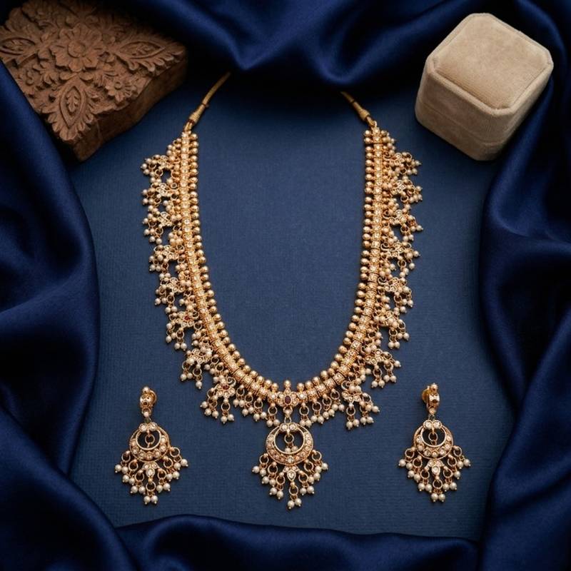 gold plated kundan & pearl choker necklace set with earrings 
