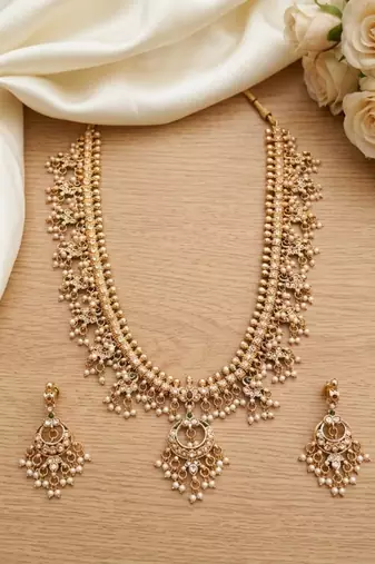 gold plated kundan & pearl choker necklace set with earrings 