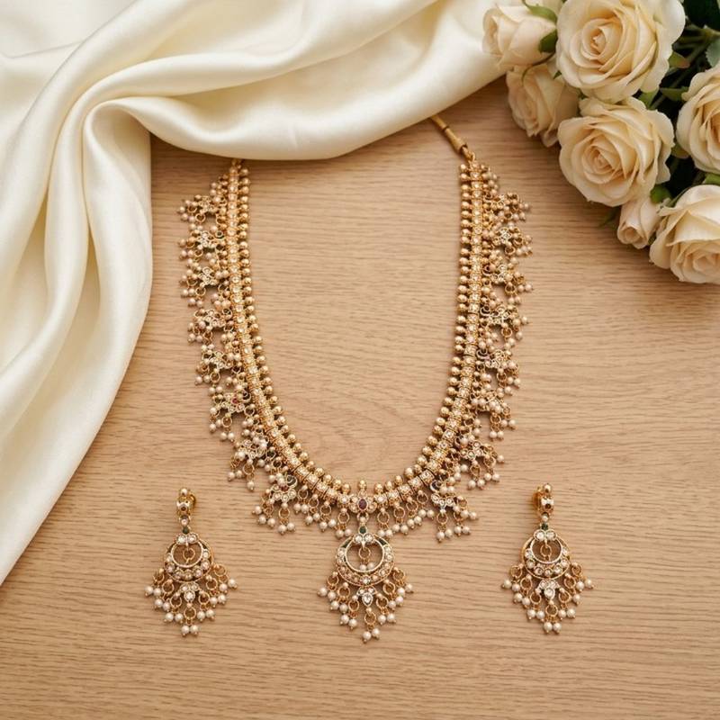 gold plated kundan & pearl choker necklace set with earrings 