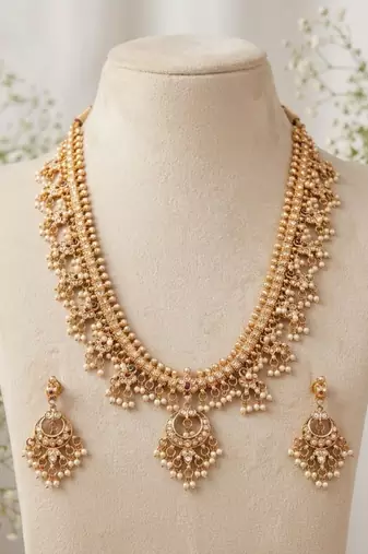 gold plated kundan & pearl choker necklace set with earrings 