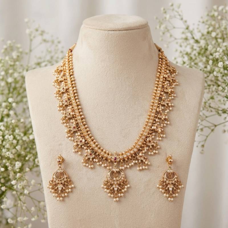 gold plated kundan & pearl choker necklace set with earrings 