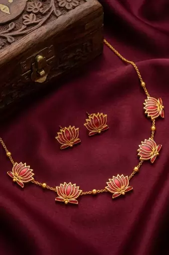 lotus enamel gold necklace set  luxury indian jewelry