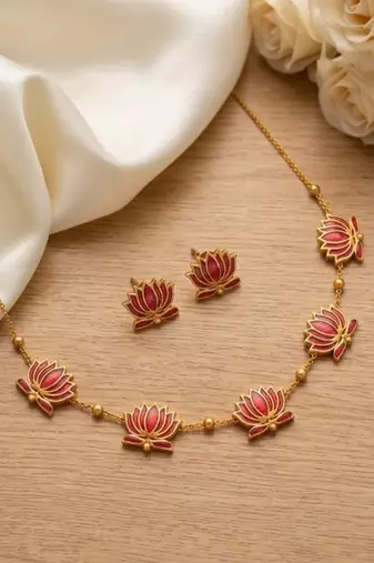 lotus enamel gold necklace set  luxury indian jewelry
