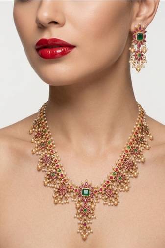 antique gold south indian temple necklace set with ruby emerald stones & jhumkas for women 
