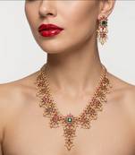 antique gold south indian temple necklace set with ruby emerald stones & jhumkas for women 