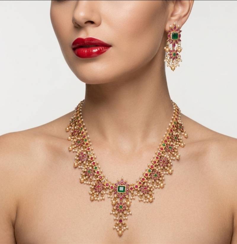 antique gold south indian temple necklace set with ruby emerald stones & jhumkas for women 