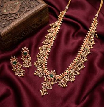 antique gold south indian temple necklace set with ruby emerald stones & jhumkas for women  2